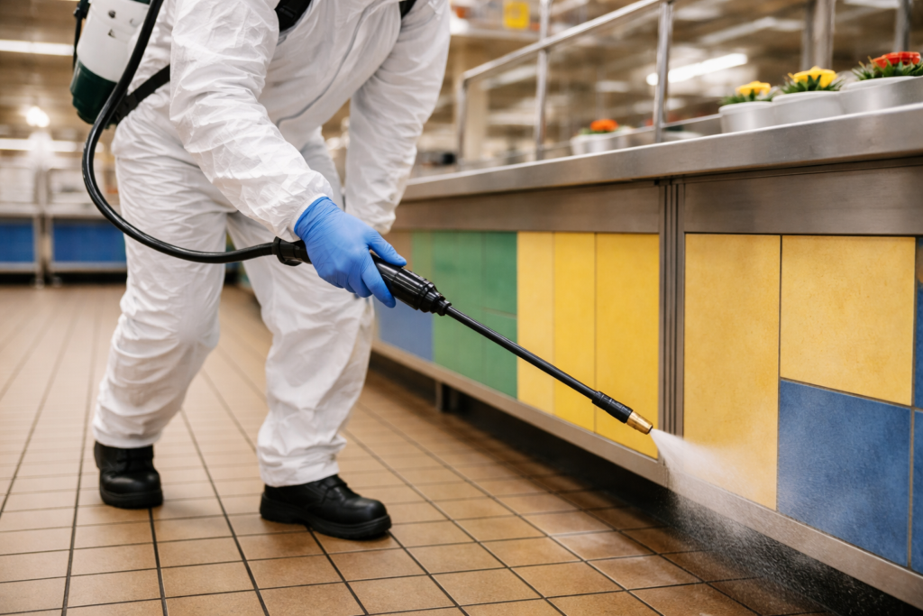 Pest control technician spraying commercial kitchen floors for pest prevention