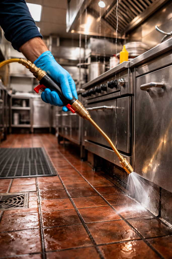 Pest control technician applying treatment along commercial kitchen floor and equipment