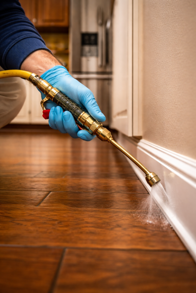 Pest control technician applying treatment along indoor baseboards